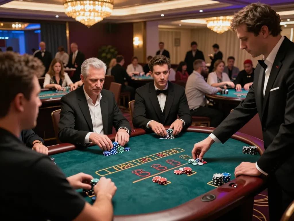 Enjoying a thrilling blackjack game at F8bet com casino table, players engaged and strategizing