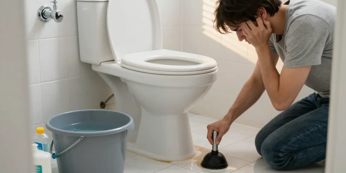 Verstopte wc met persoon die probeert het probleem op te lossen met huismiddelen en gereedschap in een moderne badkamer.