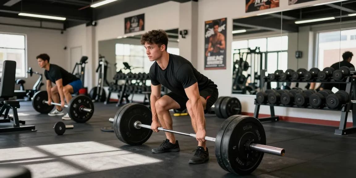 Prime Pharma Steroiden Winkel: Krachtige bodybuilder die deadlift uitvoert in energieke sportschoolomgeving.