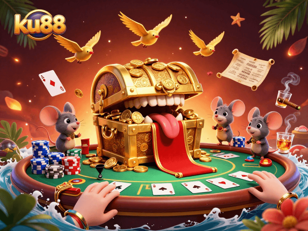 Engage in thrilling poker action with ku88's vibrant treasure scene and dynamic elements.
