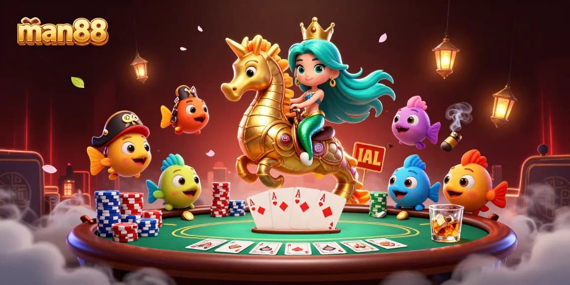 Experience man88's vibrant casino scene with a mermaid princess, poker chips, and magical elements.