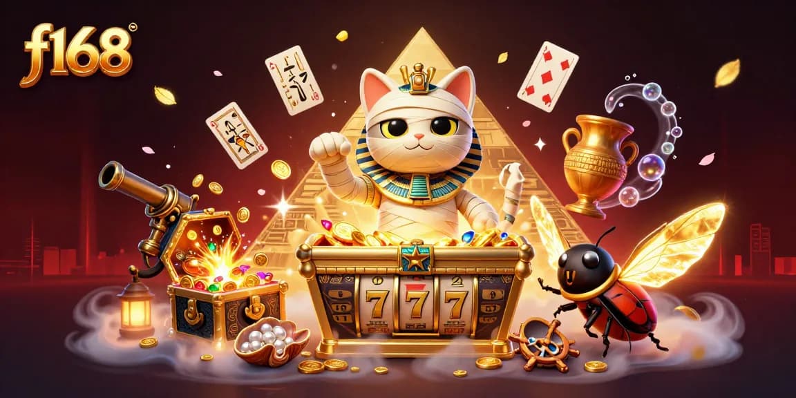 Engage with thrilling adventures at f168, as the lively mummy cat emerges amidst sparkling treasures and games.