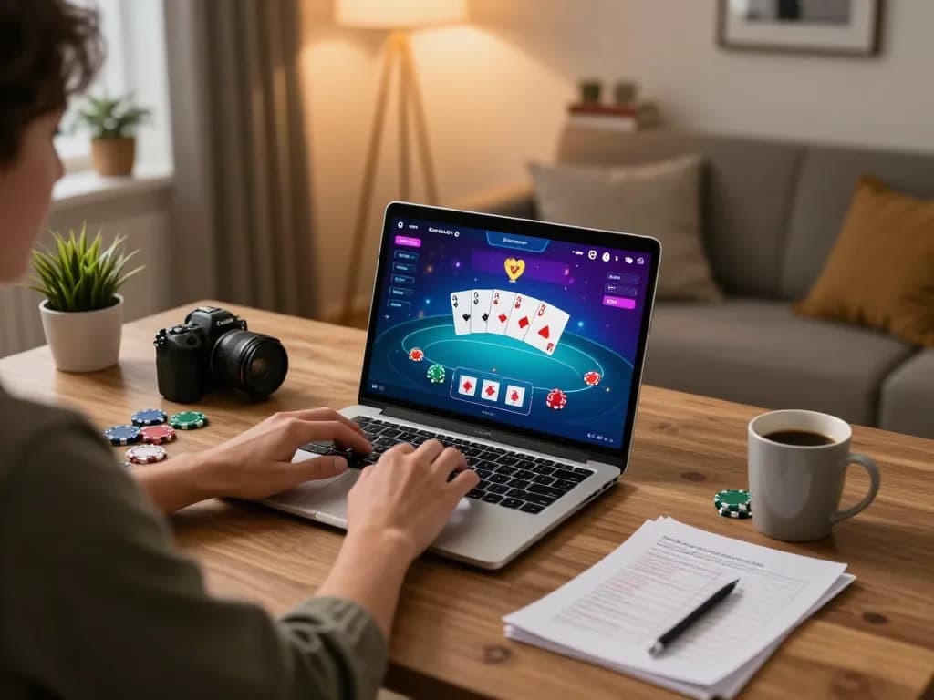 Engaged player exploring F8bet com poker interface at home, highlighting responsible online gambling.