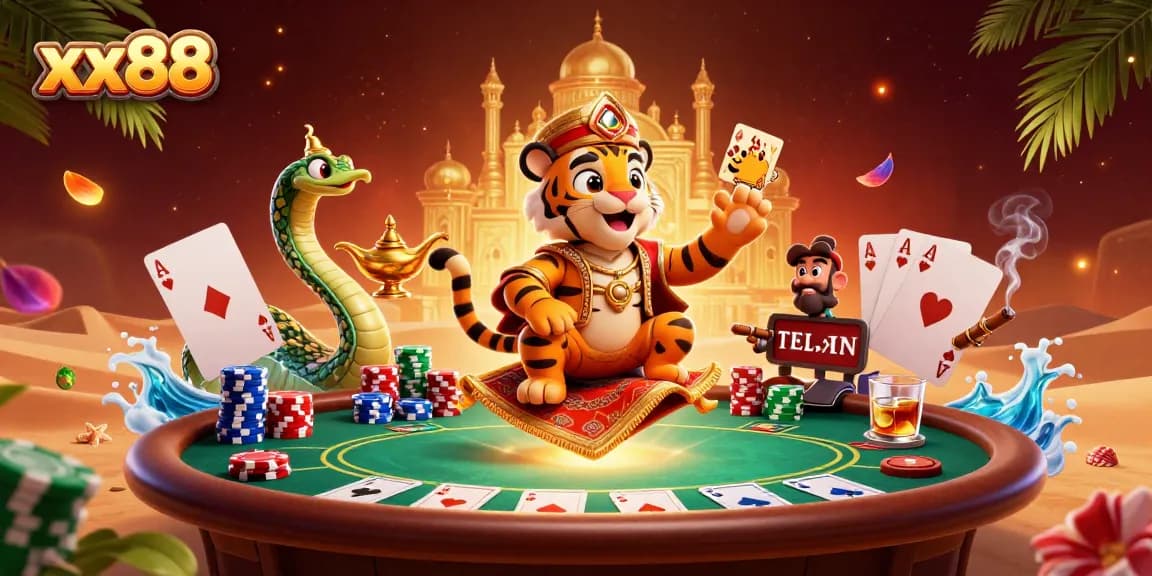Experience the rich, vibrant world of xx88 with a dynamic casino-themed illustration.