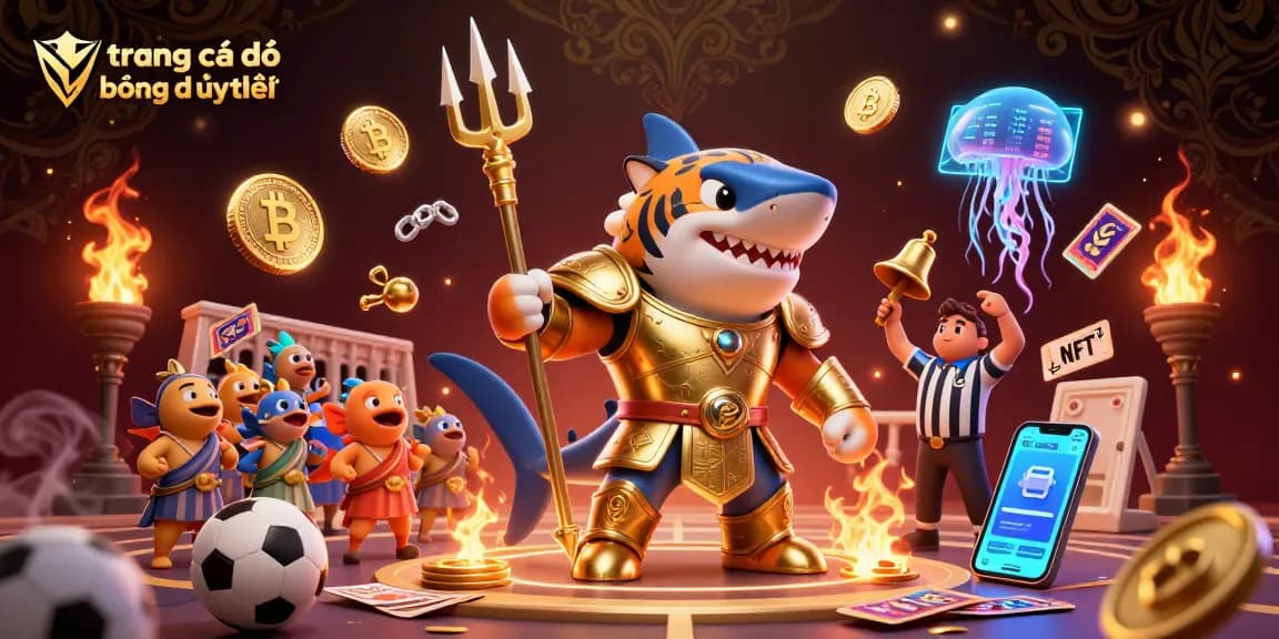 Engage with the action at trang cá độ bóng đá uy tín, featuring a tiger shark in gladiator armor, vibrant casino elements, and underwater excitement.