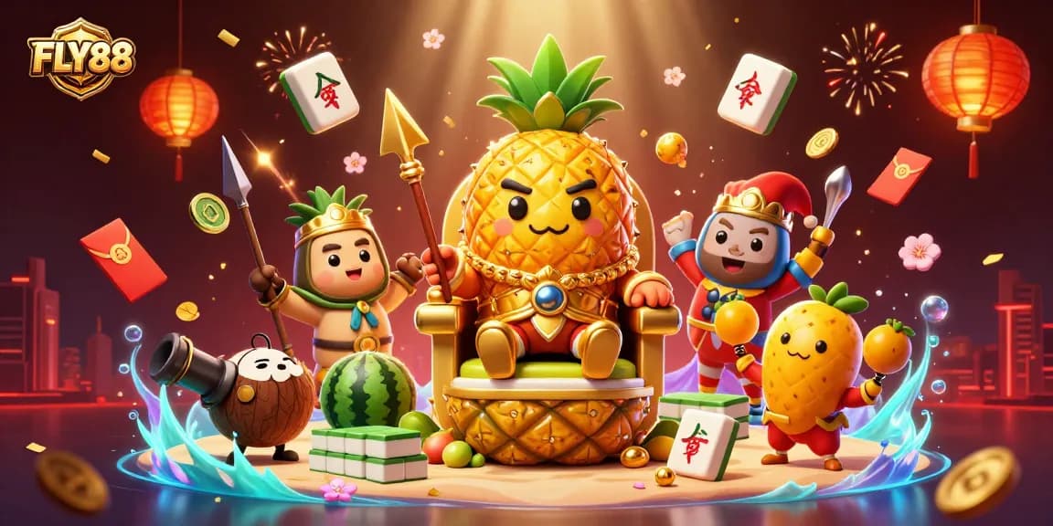 FLY88 brings a vibrant casino scene to life featuring a golden pineapple king and dynamic gaming elements.