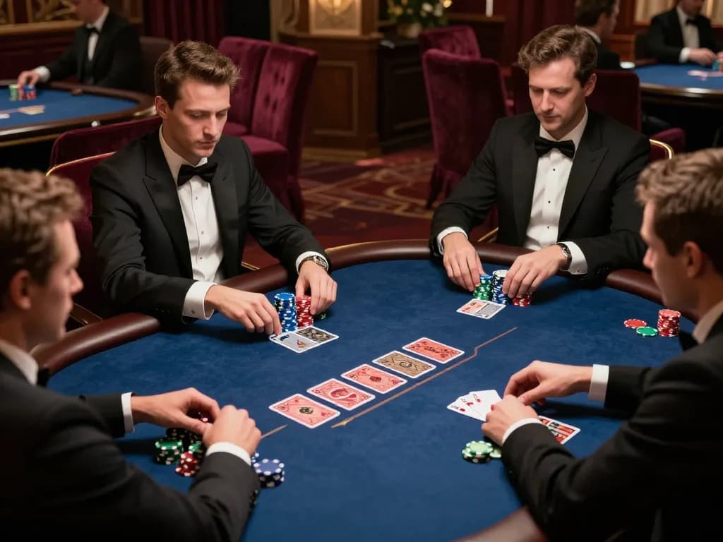 Players engaged in an intense poker game at a luxurious table featuring lu88 branding, showcasing high-stakes tension.