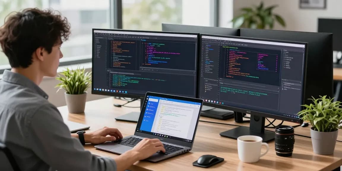 快连 app interface on a developer's dual monitors in a modern tech workspace with natural light.