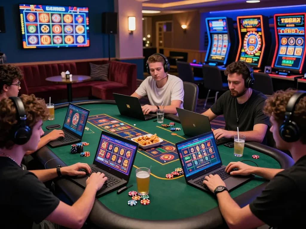 Exciting online gaming scene with diverse players enjoying Five88 live casino games in a vibrant lounge ambiance.