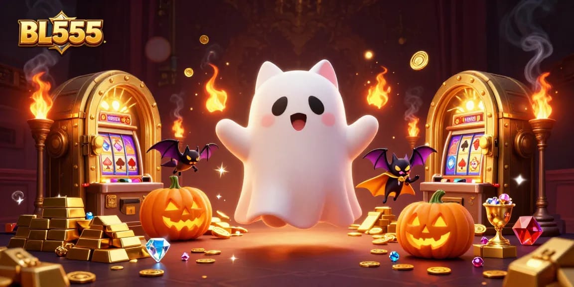 Engage in thrilling gameplay at BL555's haunted casino with a friendly ghost cat and treasures.