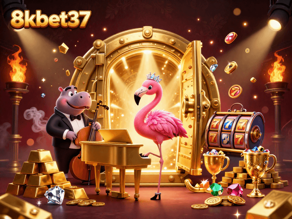 Experience 8kbet37 with a vibrant casino scene featuring characters and gaming elements.