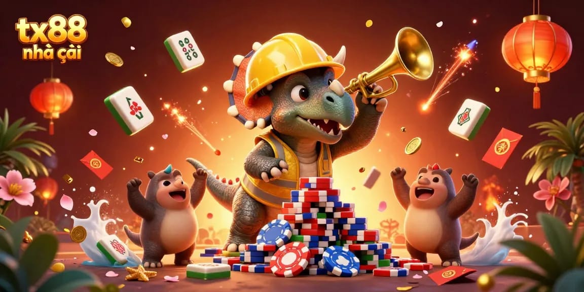 Cheerful scene of tx88 nhà cái with a cartoon dinosaur building poker chips while friends celebrate