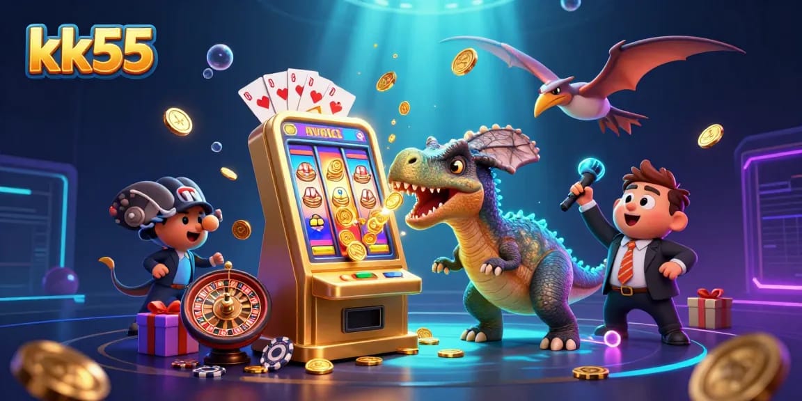 Experience the thrill of kk55 with a vibrant casino scene featuring a pachycephalosaurus activating a golden slot machine.