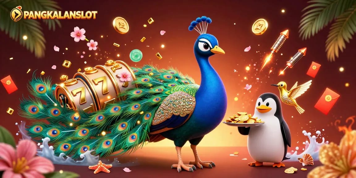PANGKALANSLOT brings a vibrant casino experience with a peacock, penguin, and hummingbird amidst sparkling gaming elements.