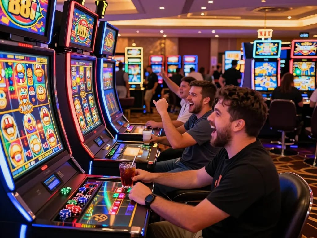 Exciting scene at Lucky 88 slot machines in a lively casino environment.