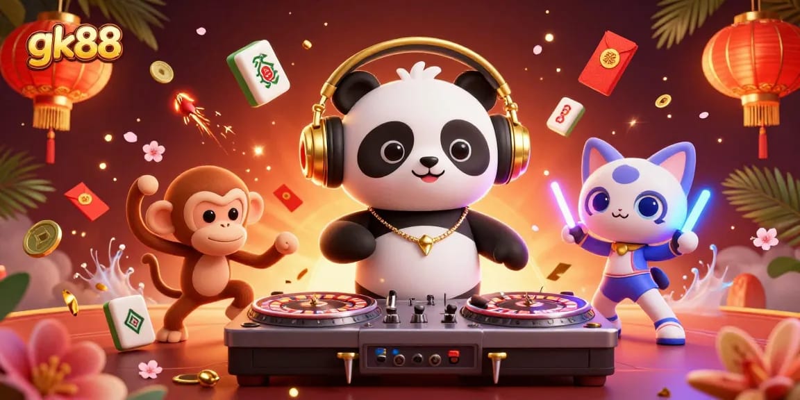 Spin and win with gk88: A lively 3D casino illustration featuring a DJ panda and dancing characters.
