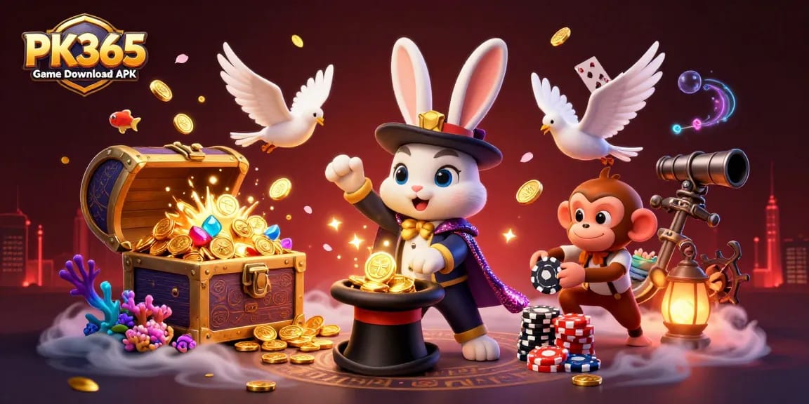 Experience magical wins with the PK365 Game Download APK illustration, showcasing a whimsical casino scene.