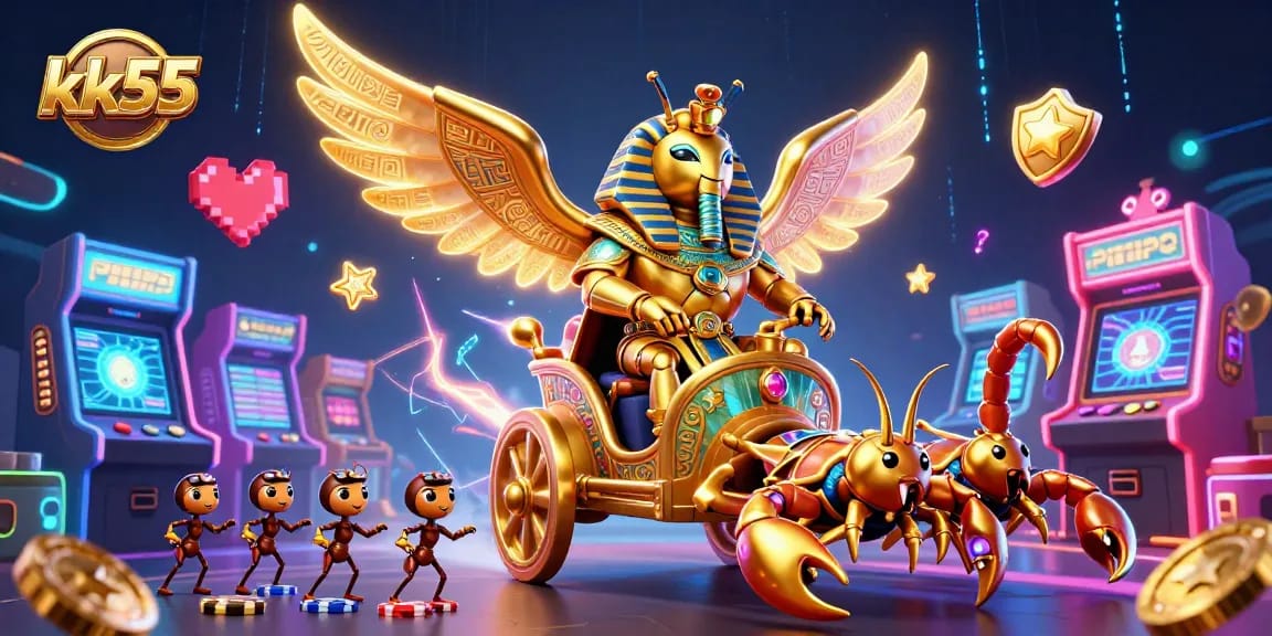 Experience excitement at kk55 with a thrilling casino atmosphere featuring a golden scarab beetle and vibrant game elements.