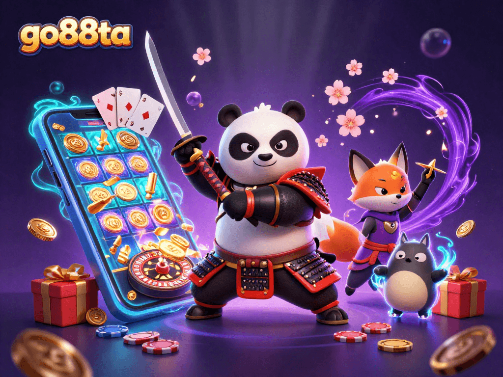 Engage with go88ta's thrilling slots, featuring a vibrant 3D samurai panda and dynamic casino elements.