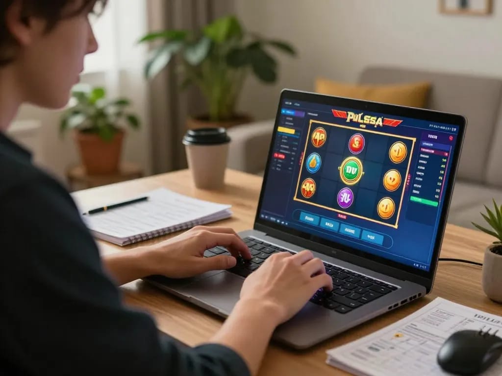 Engaged player using laptop for slot pulsa gaming, showcasing strategic bets and warm home atmosphere.