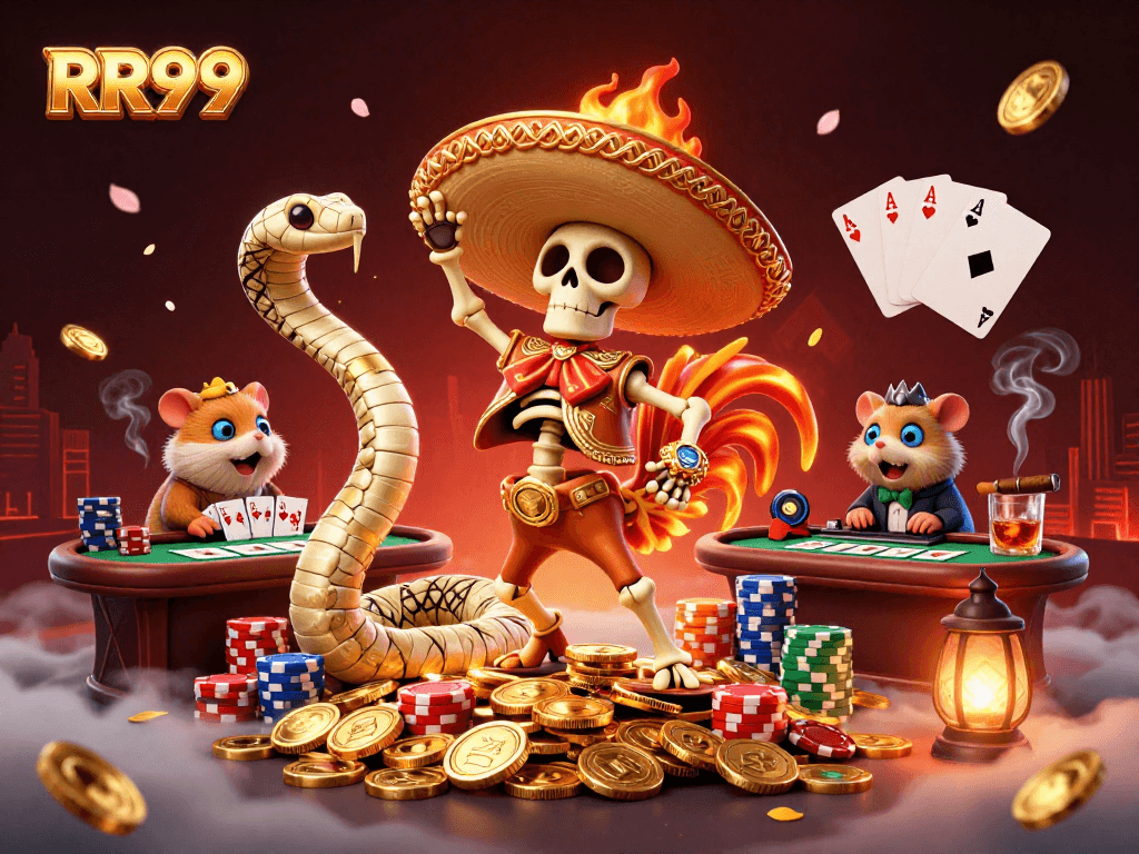 RR99 highlights a festive casino scene with a dancing rooster and poker elements.