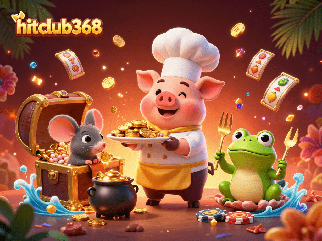 Engage with hitclub368's thrilling casino games as a chef pig and friends unveil treasures in this vibrant scene.