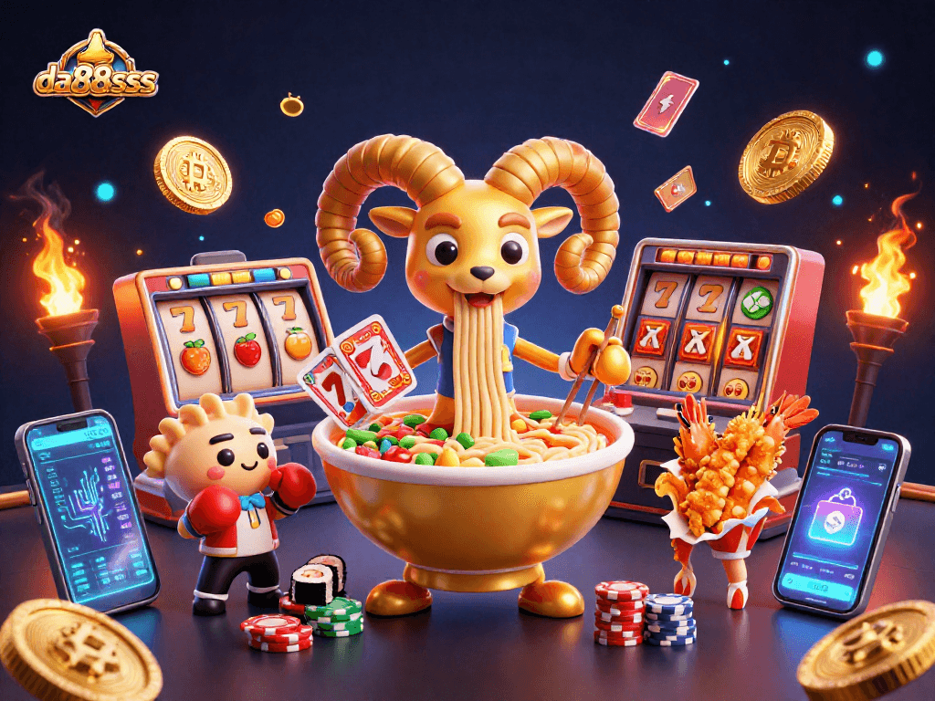Bet big with da88sss's lively casino scene featuring gambling characters and vibrant slot themes.