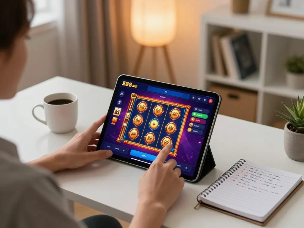 Pemain menggunakan slot88 apk untuk permainan online, menunjukkan grafik mesin slot yang menarik dan pengaturan yang nyaman