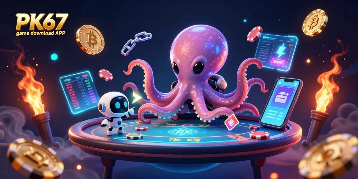Engage with the PK67 game download APK showcasing an alien octopus playing poker in a dazzling cosmic environment.