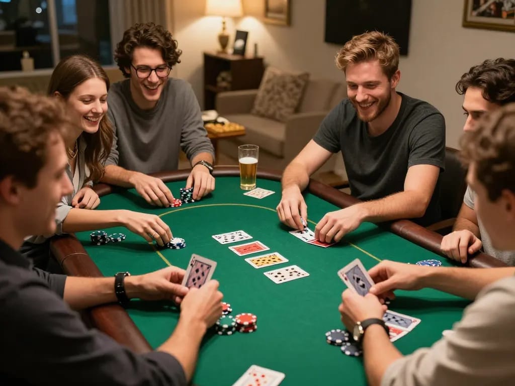 Players enjoying poker night at home with uk88-themed gaming setup and snacks.