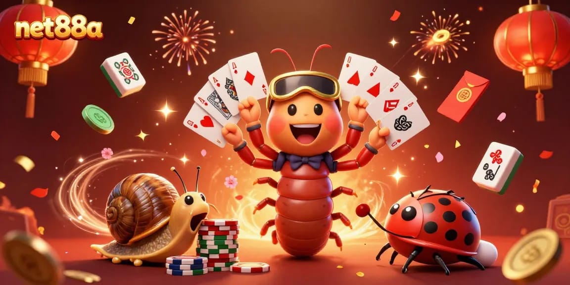 Engage in net88a's vibrant casino scene with a 3D millipede dealer and high-roller snail.