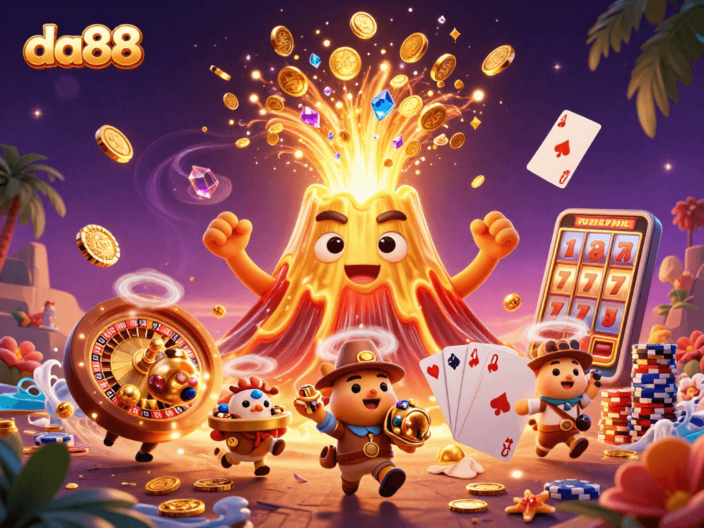 Experience thrilling wins at da88 with a golden volcano erupting treasures and casino elements.