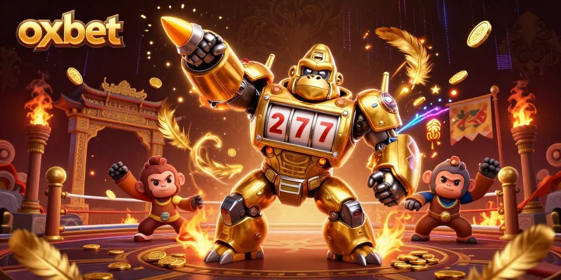 Experience oxbet's excitement with a golden gorilla mech and dynamic casino elements exploding in adventure.