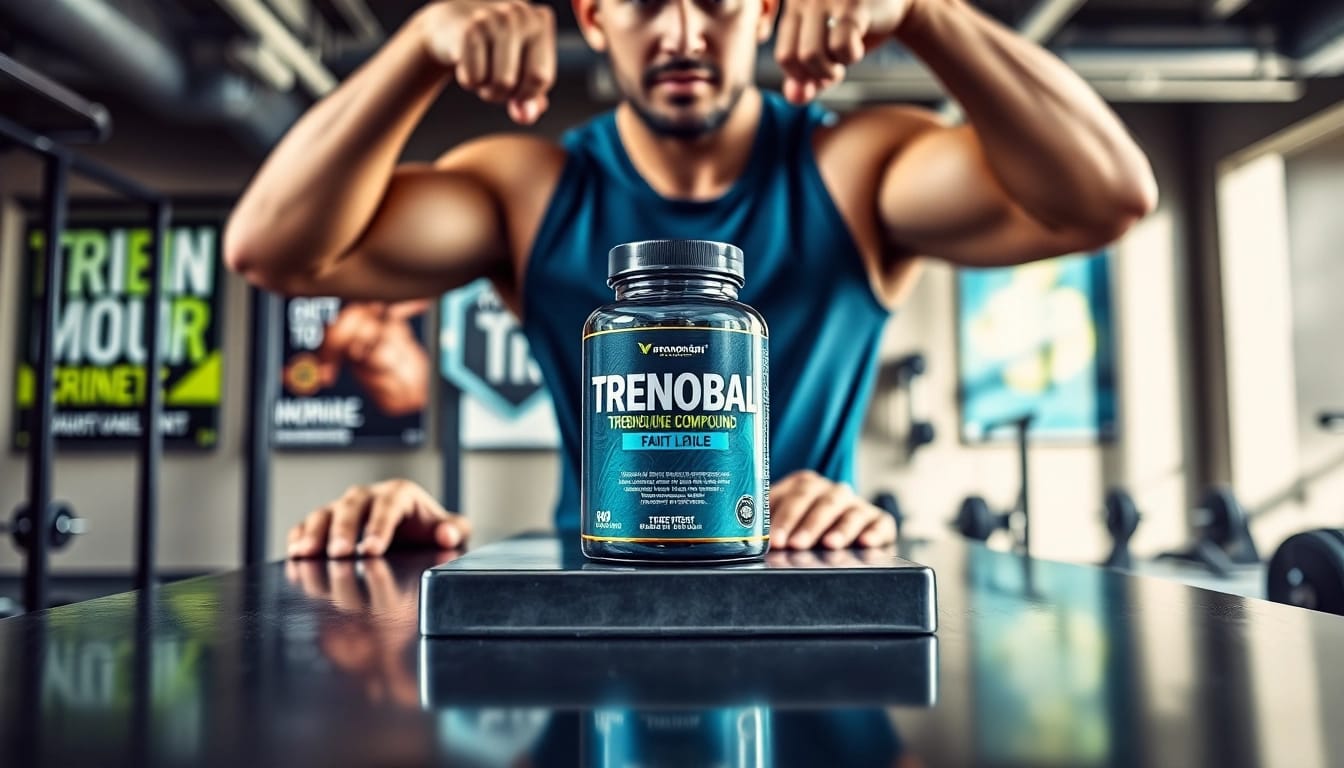Trenobal Trenbolone Compound displayed prominently in a modern gym scene.