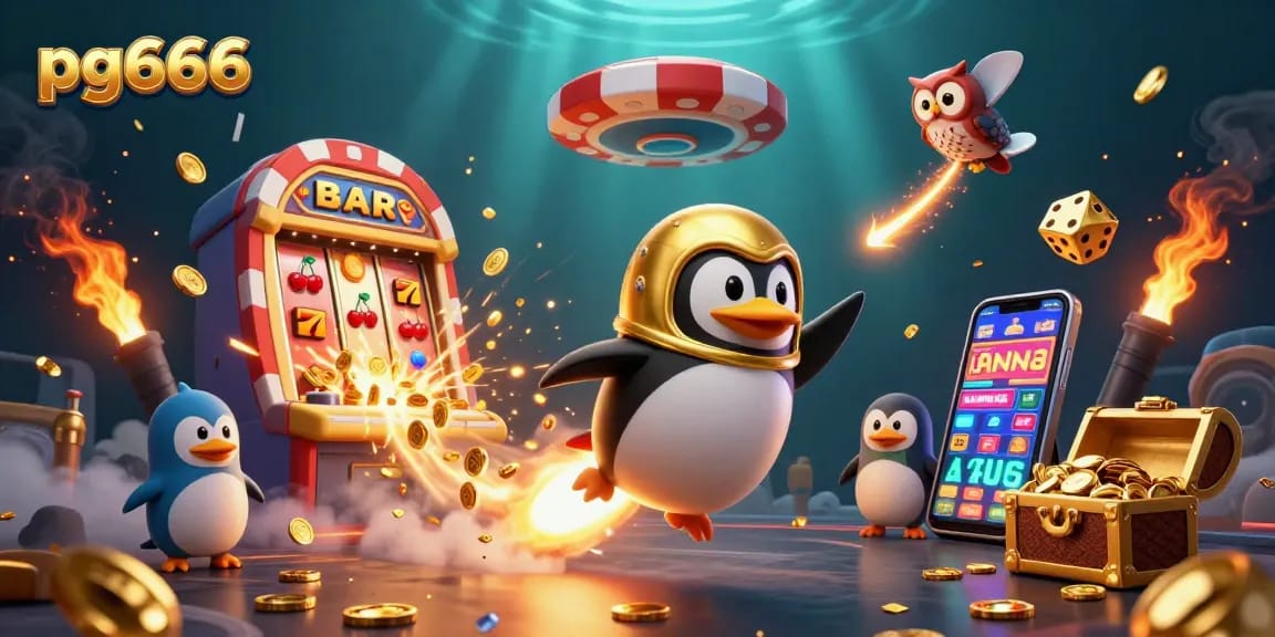 Experience pg666 with a golden penguin blasting through space, surrounded by vibrant casino elements and jackpots.