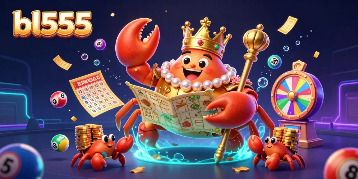 Experience the excitement at bl555 with a vibrant 3D casino scene featuring a golden crab emperor and dynamic lottery elements.