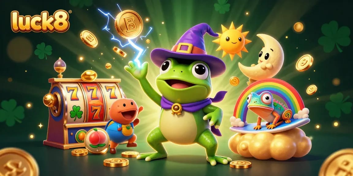 Experience luck8 with a thrilling scene of a wizard frog conjuring golden coins in a dynamic casino.
