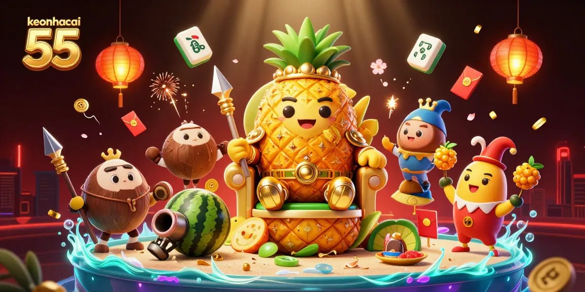 Engage in excitement with keonhacai 55 as the golden pineapple king rules over a vibrant beach casino.