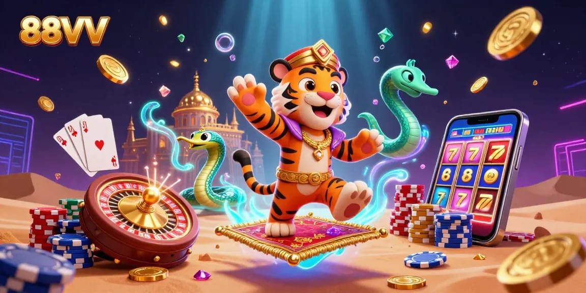 Experience thrilling gambling adventures with 88VV in this vibrant casino-themed illustration.