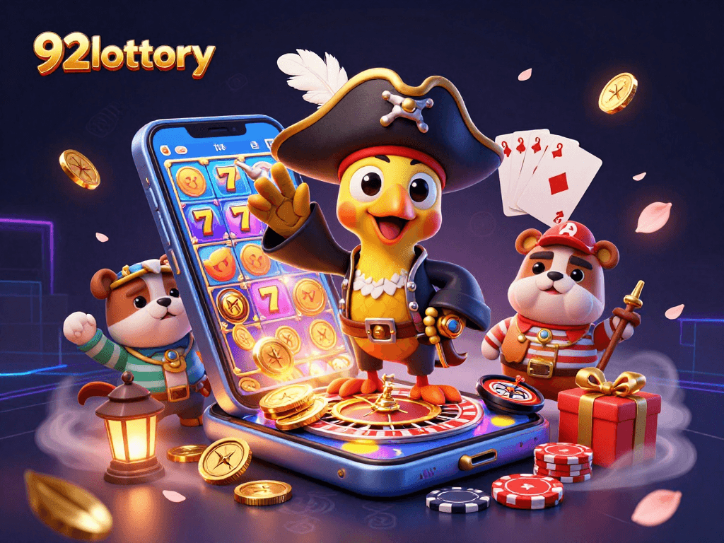 Experience exciting gaming at 92lottery with a vibrant scene illustrating a pirate captain, bulldog mate, and cat navigator.