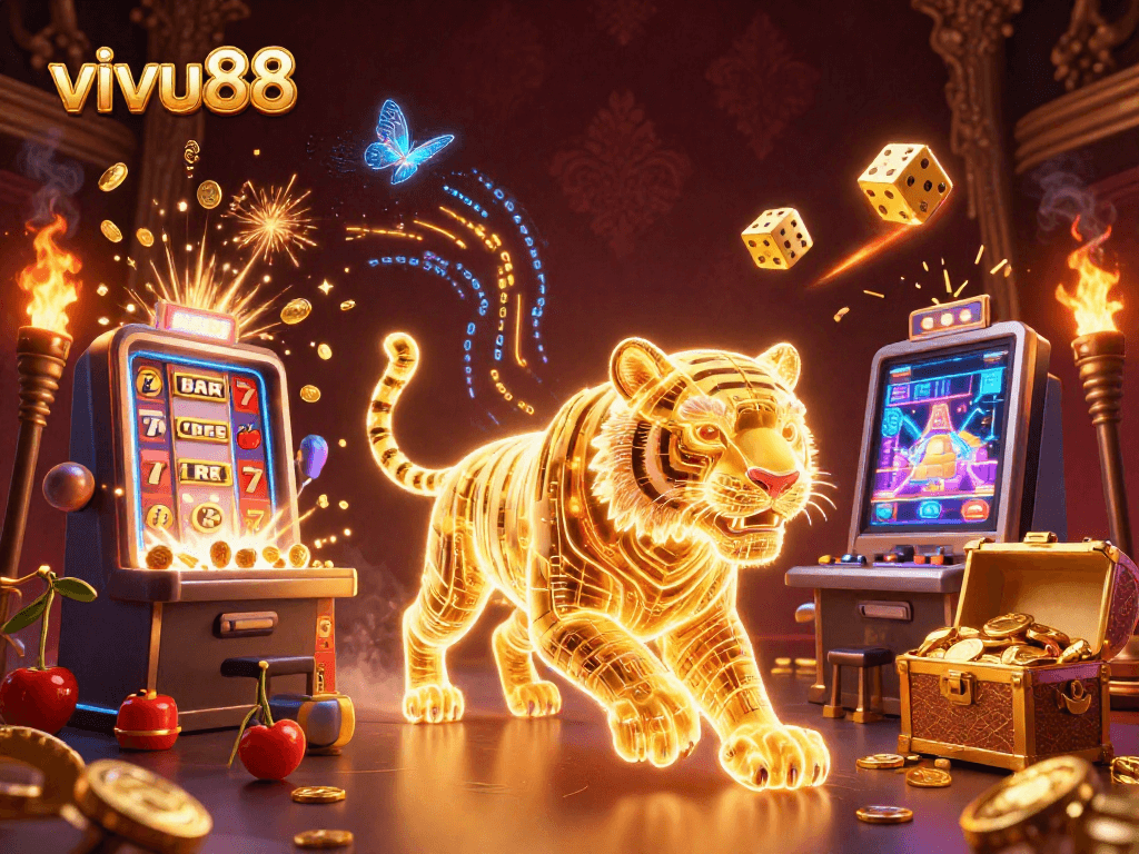 Experience the excitement of vivu88 with a golden tiger amidst a digital casino, jackpot, and games.