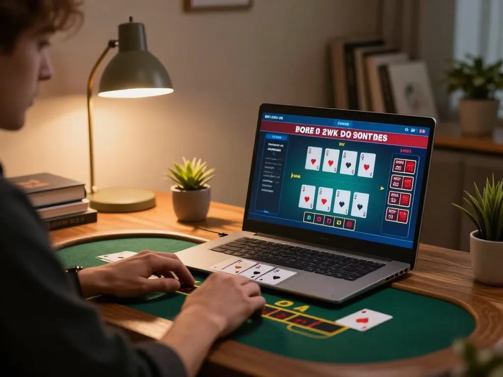 Excited player interacting with live dealer blackjack on 79KING platform from a cozy home setup.