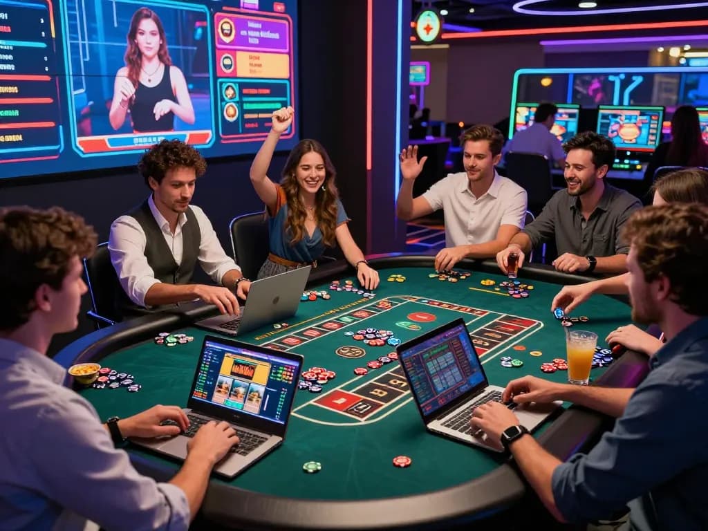 Diverse group enjoying MM88 online casino experience with digital roulette and live game excitement