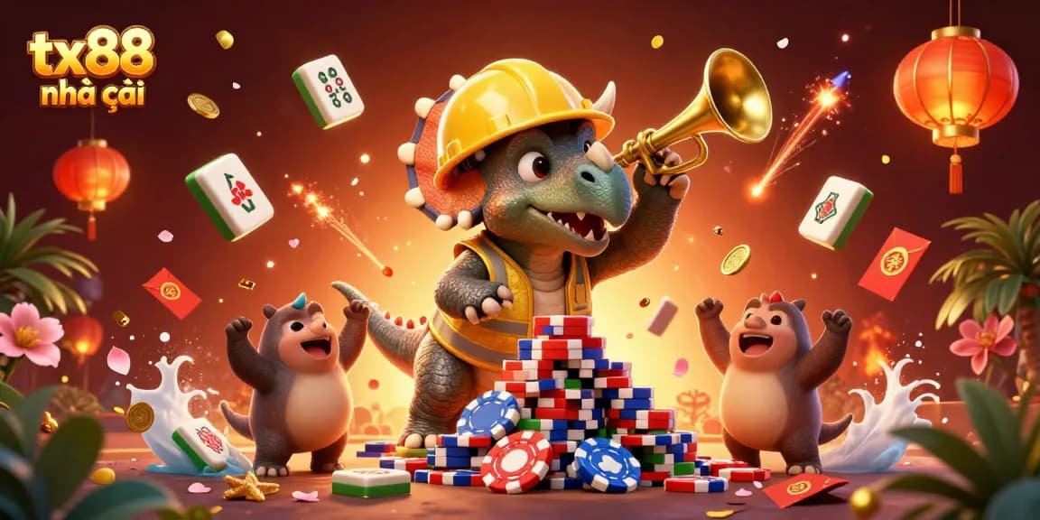 Cheerful scene of tx88 nhà cái with a cartoon dinosaur building poker chips while friends celebrate