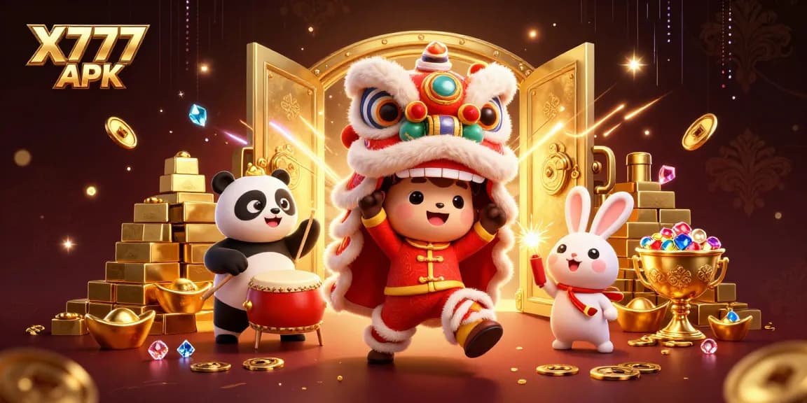 Engage in thrilling gameplay with X777 APK surrounded by riches, vibrant characters, and dynamic casino elements.