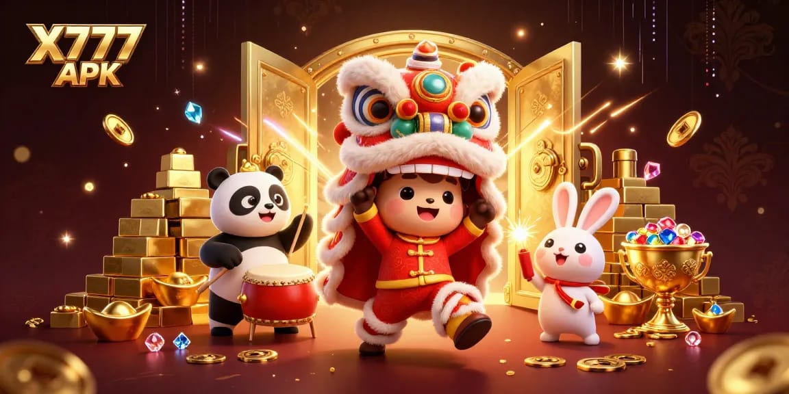 Engage in thrilling gameplay with X777 APK surrounded by riches, vibrant characters, and dynamic casino elements.