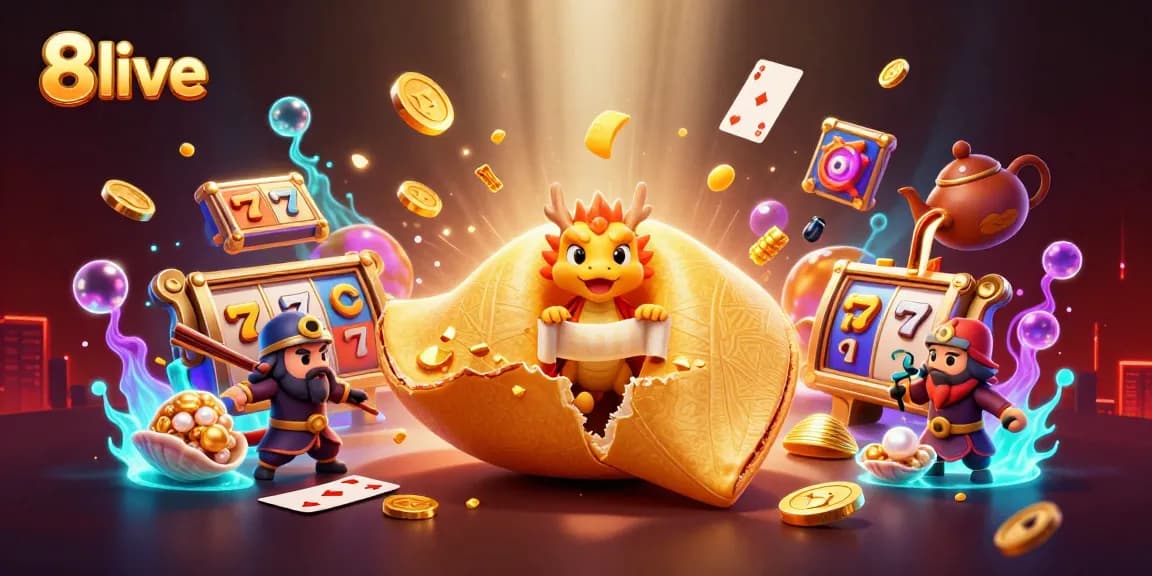 Engage with 8live's vibrant illustration showcasing a golden fortune cookie and dynamic casino elements.