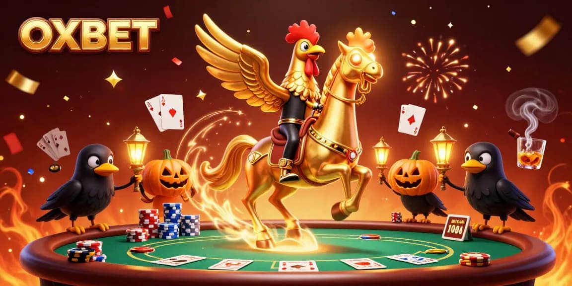 Engage with OXBET's thrilling casino scene featuring a golden rooster and poker elements.