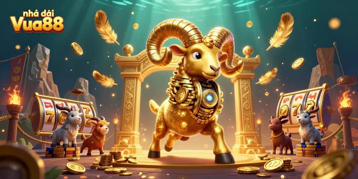 Experience thrilling gameplay at Nhà cái Vua88 with golden ram in an exciting casino scene.