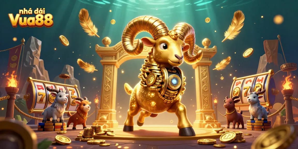 Experience thrilling gameplay at Nhà cái Vua88 with golden ram in an exciting casino scene.
